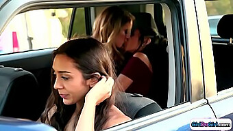 Lilly Hall And Candice Dare Indulge In Lesbian Kissing In The Rear Of A Car, Observed By The Driver